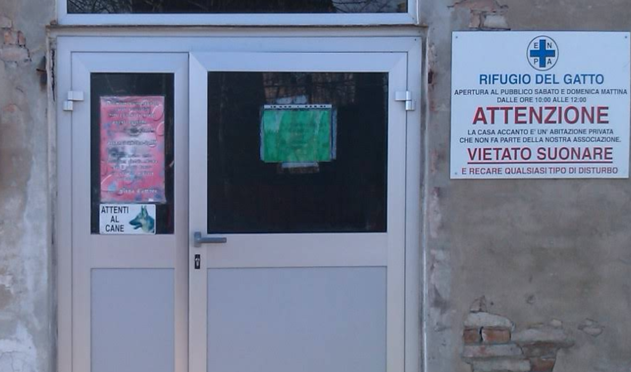 Porta d'ingresso del Rifugio del Gatto con cartelli di avviso e informazioni affissi. Il cartello principale sul muro riporta: ENPA Rifugio del Gatto, apertura al pubblico sabato e domenica mattina dalle 10:00 alle 12:00. Attenzione: la casa adiacente è una residenza privata non appartenente all'associazione. Non suonare il campanello né arrecare disturbo. Un altro cartello sulla porta avvisa della presenza di un cane. L'esterno dell'edificio appare vissuto e rustico, trasmettendo un'atmosfera accogliente e funzionale.